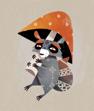 Mushroom racoon 2d character drawing gartman handmade illustration texture