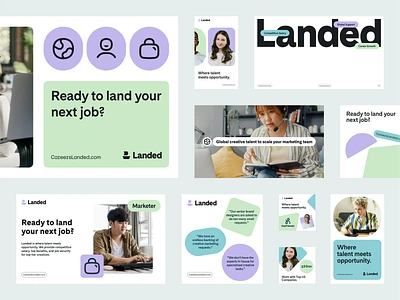 Landed Socials agency brand branding deck design fun graphic design icons identity illustration logo playful recruitment shapes socials system