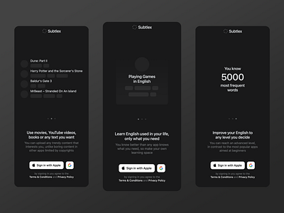 Subtlex – Auth Panel with Onboarding Slides app authentication page learn language onboarding ui