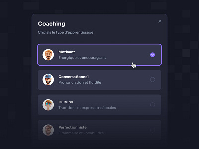 Create a language coaching session in VR app coaching dialog language modal session ui ui design