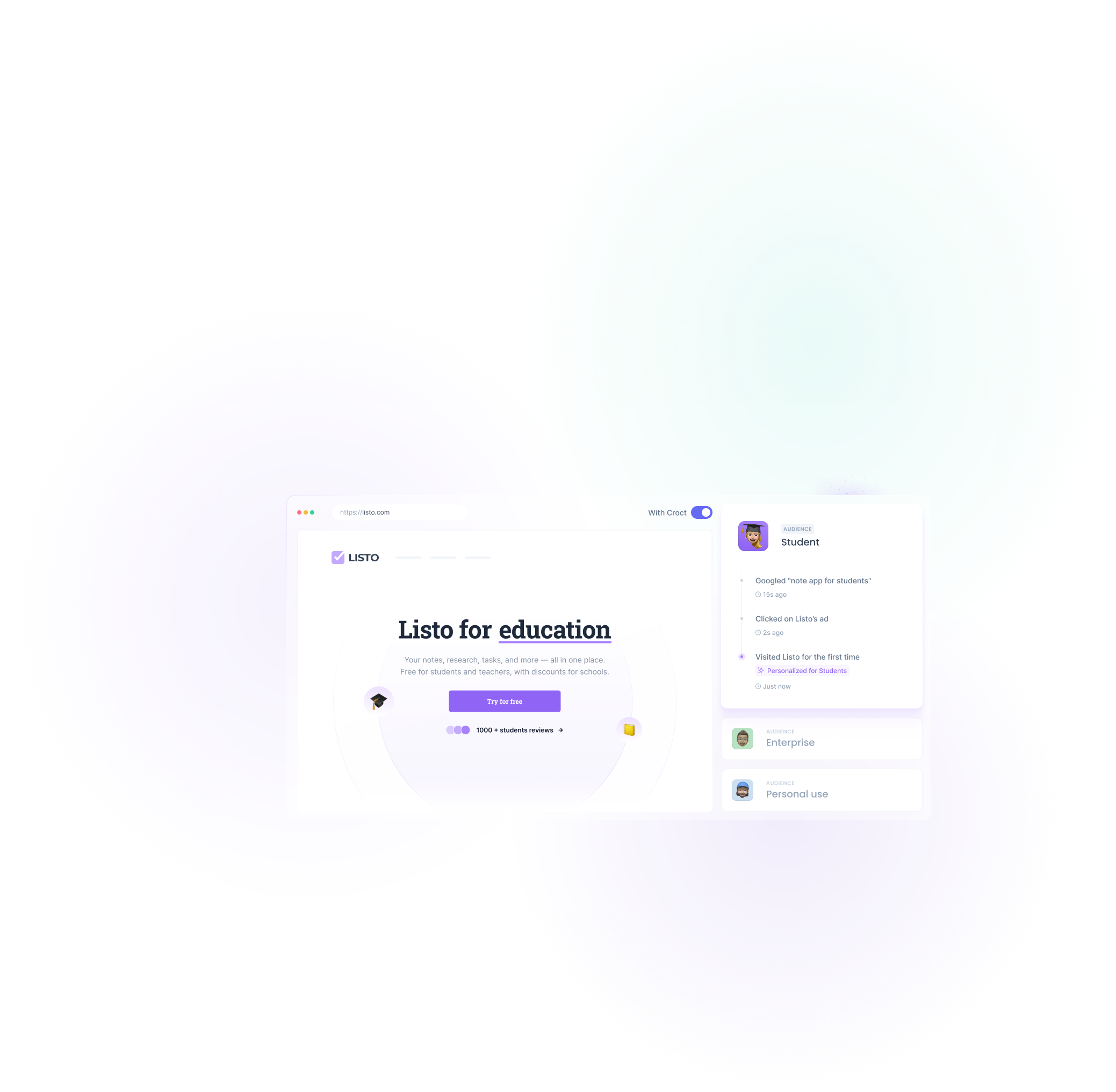 Interactive demo audience cards | Croct asset audience card croct demo details emoji events hero illustration interactive landing page memoji personalization preview timeline toggle ui web design website