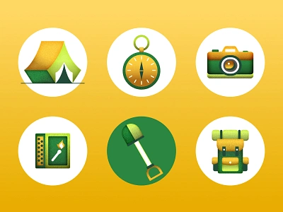 Textured Camping Icons bag camera camping compass design flat flat design flat illustration icons illustration matches shovel tent texture vector vector art vector illustration