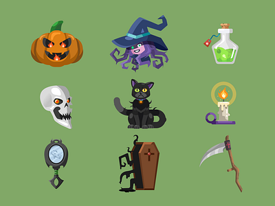 Halloween Icon Set assets candle cat design flat flat design flat illustration halloween icon icons illustration mirror pumpkin skull spooky stickers vector vector art vector illustration witch