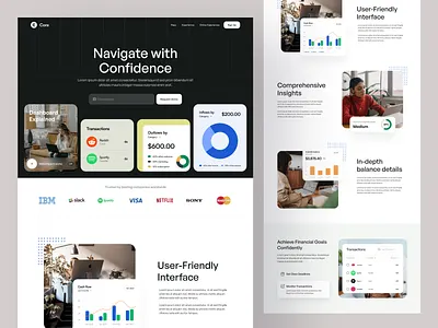 Landing page for Financial Web App branding charts clean design desktop financial hero homepage illustration landing page logo minimalist responsive simple stats typography ui ux website whitespace