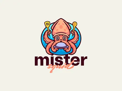 Squid Chef cartoon mascot character logo design animal logo branding cartoon cartoon character character character design character logo chef logo cute design food logo illustration illustrator logo logo mascot mascot squid logo vector