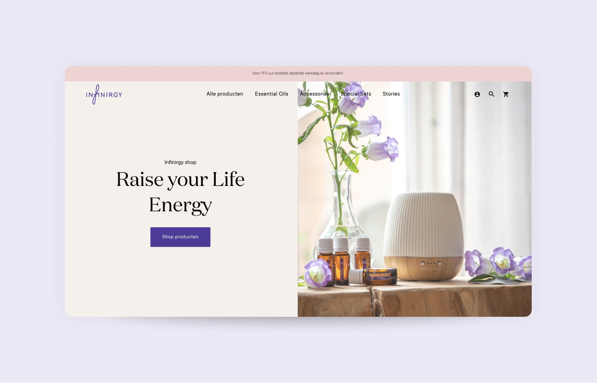 Infinirgy: A Webshop for Essential Oils Built with Flatsome demo ecommerce essential oils feminine website flatsome flatsome theme natural product sebdelaweb shop spiritual website template theme ui design ux builder ux design webdesign webshop woocommerce woocommerce website wordpress