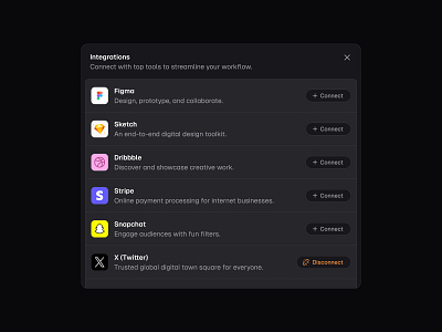 Integrations Dialog 🧩 design dialog integrations minimal modal popup saas ui web design