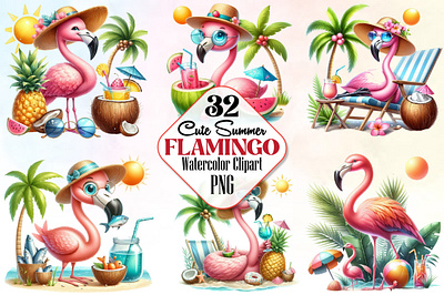 Summer Flamingo Sublimation Clipart, PNG 3d animation app branding design graphic design illustration logo ui vector