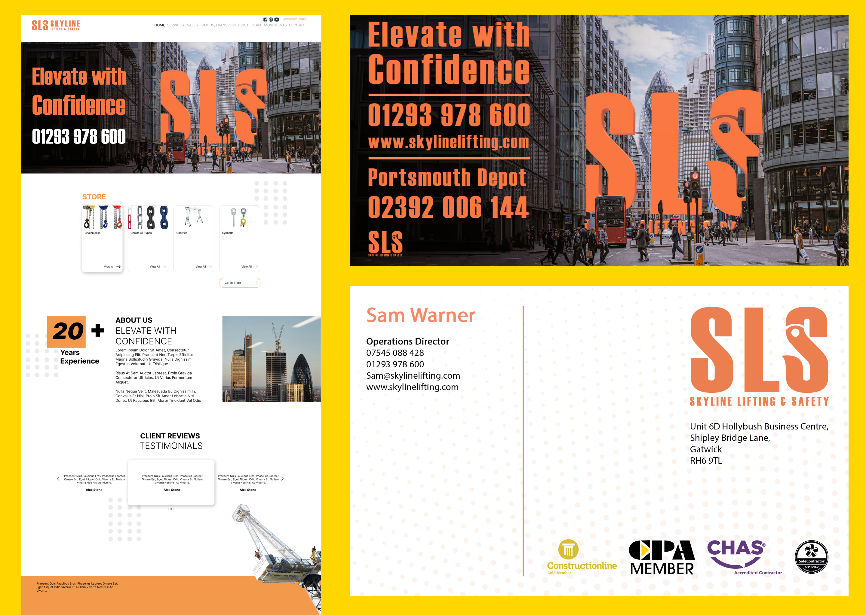 Example of SLS Skyline Lifting & Safety wireframe, business card and banner