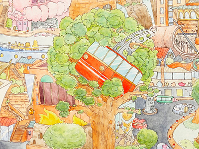 "Téléphérique" art city color pencil design draw dream illustration train tree water ink watercolor