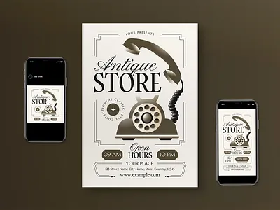 Brown Modern Retro Flat Design Antique Store Flyer Set antique antique store brown flat design flat design style flyer graphicook modern poster print template retro