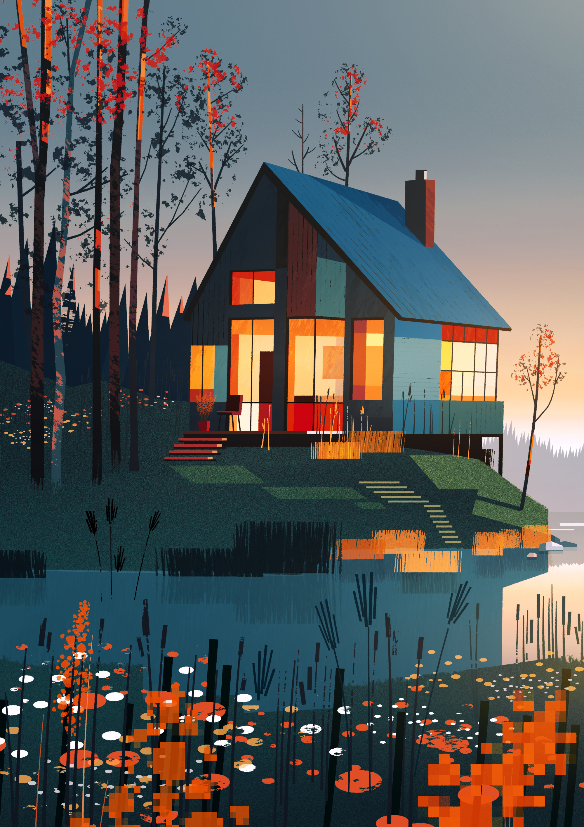 Riverside cabin illustration poster print