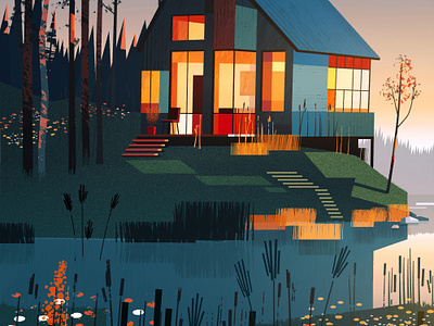 Riverside cabin illustration poster print
