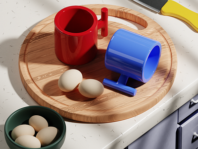 Mugs 3d blender design egg graphic design illustration kitchen knife lighting minimal render wood