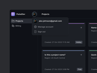 Graphlit - Profile Menu / Dropdown ai app component dark dashboard data design system dropdown grid interaction list llm menu navigation profile projects simple unstructured user web