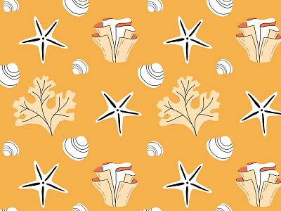 Marine pattern yellow background beach concept design flat illustration marine ocean pattern seamless seashell vector