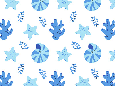 Marine pattern blue cartoon concept design flat illustration marine ocean sea seashell star underwater vector
