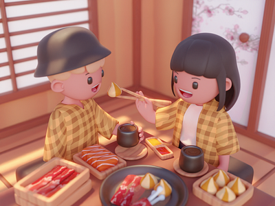 Cozy Japanese Hot Pot Date 🌸🍣 3d 3d illustrations digitalillustration digitalillustration blender3d orenji orenji studio