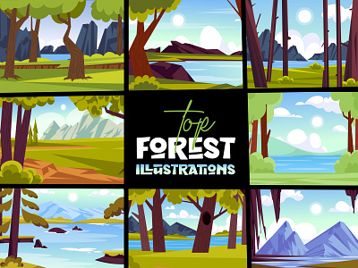 Forest Illustration Set car character driving flat design flat illustration forest hiking hills illustration jungle lake landscape male man mountains nature river scenery trees vector