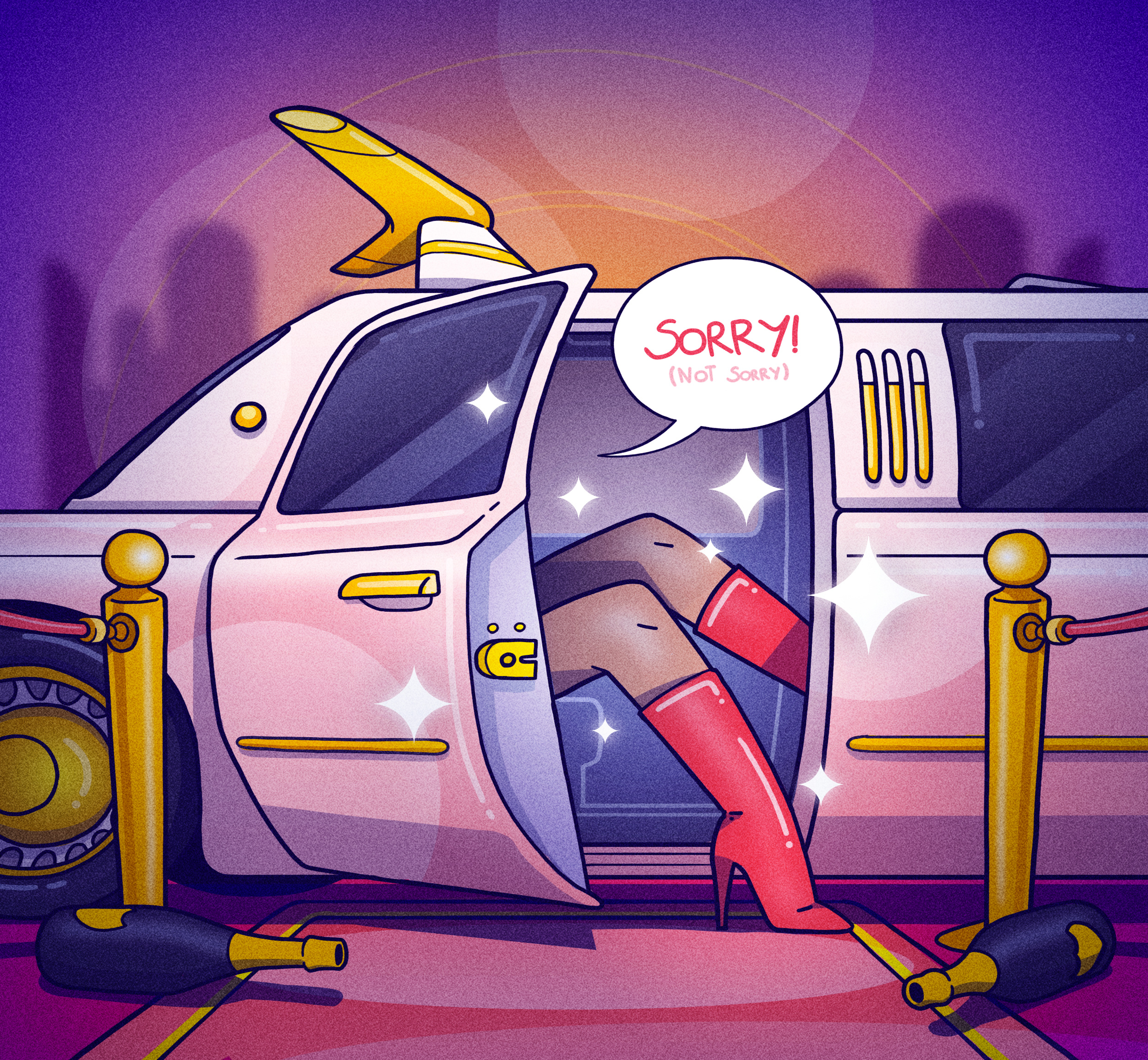 Fashionably Late champagne character dom perignon high heels hollywood illustration illustrator late limo limousine nft nightlife not sorry party red boots red carpet sek sekond sorry vector
