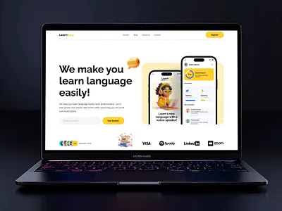 Language Learning App Web Design | Landing Page 3d animation app design branding creative design education figma hero section illustration landing page language learning app logo minimalist mobile app ui ui design webdesign website