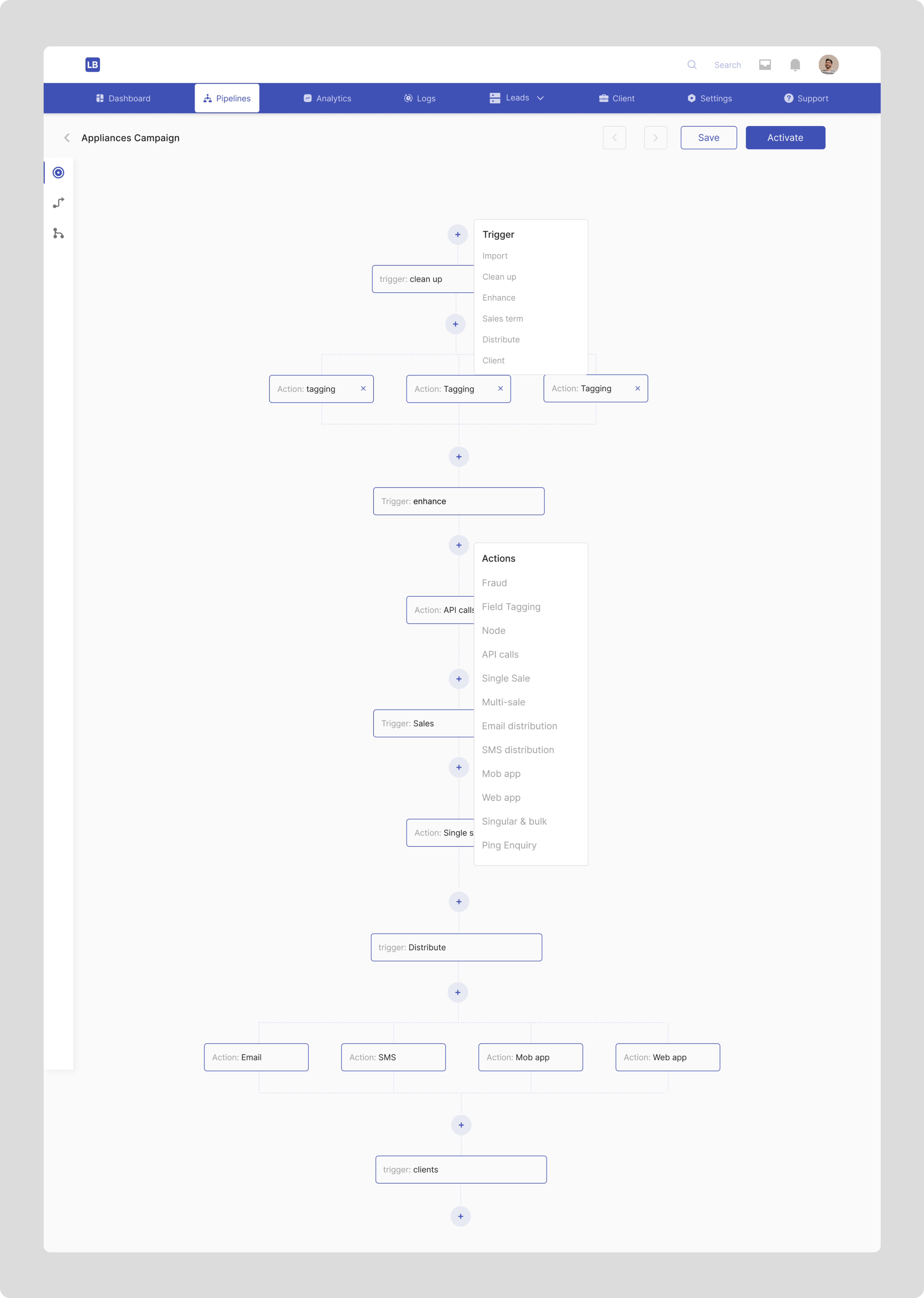 Pipelines action design figma leads pipelines trigger uiux