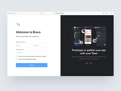Bravo Onboarding form steps branding bravo carousel experience form initial initial forms no code onboarding process register registration signup slider steps ui ux website welcome