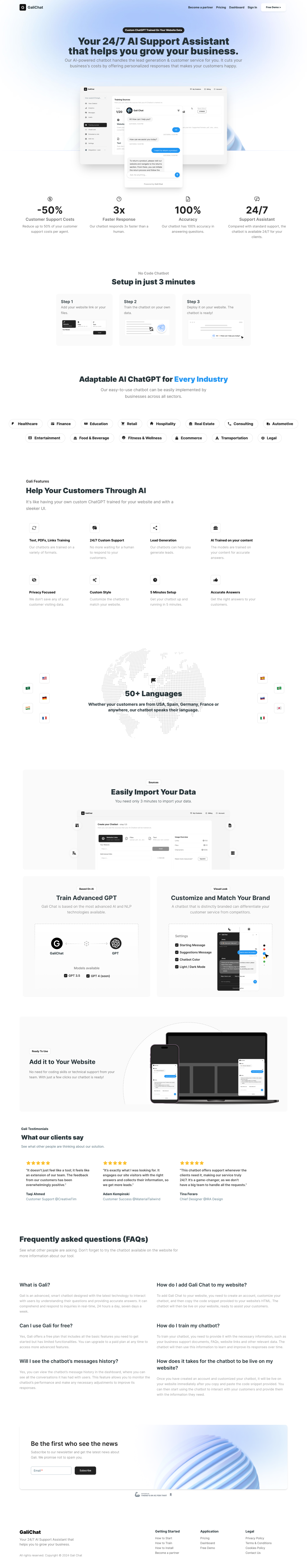 GaliChat - Custom ChatGPT trained on your Website data ai assistant chat custom customer data demo gpt lead messages support train