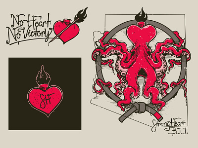 Strong Heart BJJ Rashguard design. arizona bjj blackbelt heart illustration jiu jitsu octopus quill typography vitruvian man