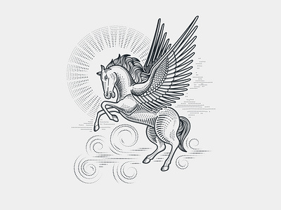 Pegasus engraving etching greek mythology illustration line art print scratchboard woodcut