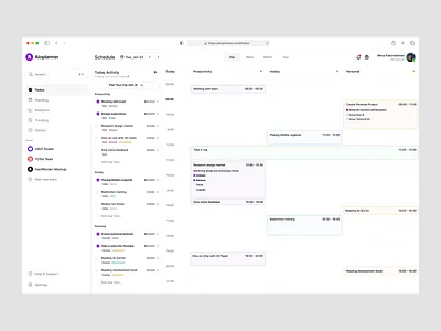 Aloplanner - AI Daily Planner Dashboard Animation agenda ai ai integrated appoinment calendar clean dashboard manage saas schedule scheduling task timeline to do todo ui ux web app website yosh