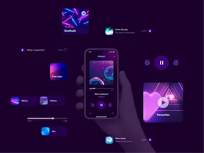 Meditation app design app app design branding dark design figma glassmorphism interface lo fi meditation mental health mobile mobile app music play ui ui design uiux user interface ux