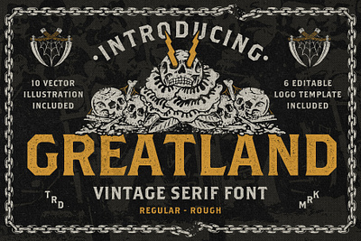Greatland typeface + 16 extras badge badge logo branding design serif font skull vintage vintage badge vintage serif font