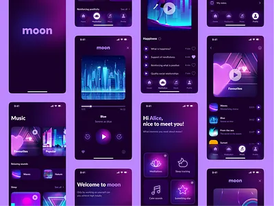 Meditation app design app app design branding dark design figma glassmorphism interface lo fi meditation mental health mobile mobile app music play ui ui design uiux user interface ux