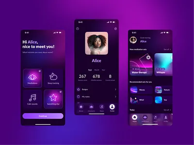 Meditation app design app app design branding dark design figma glassmorphism interface lo fi meditation mental health mobile mobile app music play ui ui design uiux user interface ux