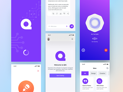 QAi AI Mobile App | Chat UI Design ai ai ui design branding chat gpt chat to call ui design graphic design home page logo mobile ui new ideas nice ai product design purple q ai ui ui design