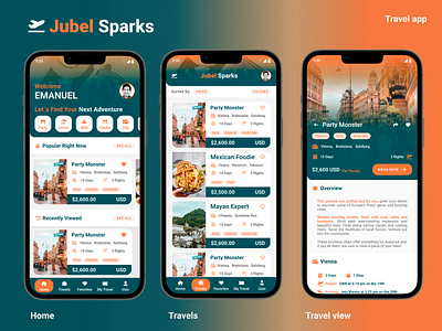 Jubel sparks, Travel app branding freelance mobile travel ui ux