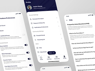 ScoreSync - Live Score App [Profile Page] app application detail faq help center live score match mobile mobile apps mobile design mobile ui notifications product design profile profile setting security settings ui user user profile