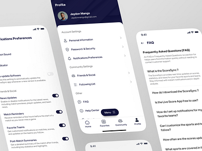 ScoreSync - Live Score App [Profile Page] app application detail faq help center live score match mobile mobile apps mobile design mobile ui notifications product design profile profile setting security settings ui user user profile