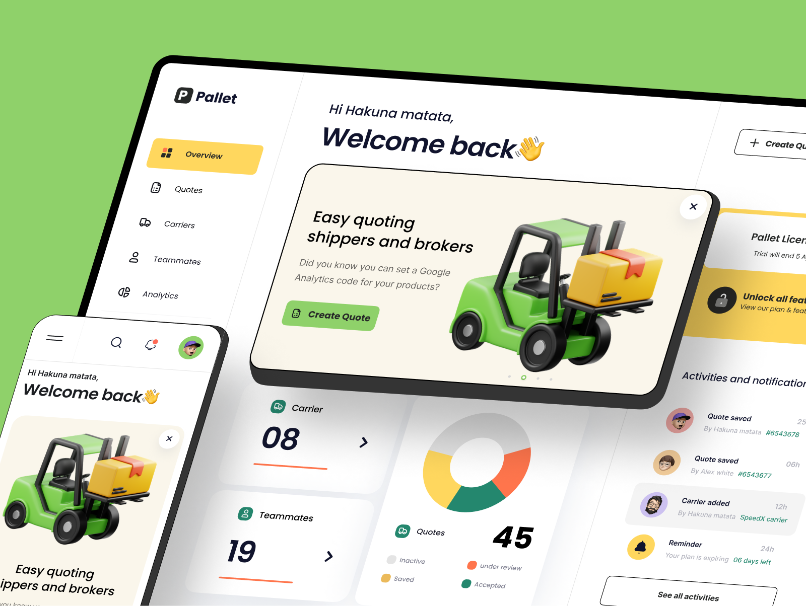 Pallet dashboard responsive UI design. cms dashboard dashboard ui green ui modern dashboard modern ui neel neel litoriya neelart responsive ui saas app ui shippers and brokers transport ui ui ux web app web application ui