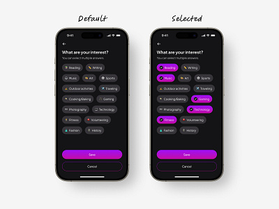 Checkboxes for Hobbies or Interests app app design checkboxes clean dailyui dark hobbies hobby icon interest memoji mobile app personalization profile setting ui ux