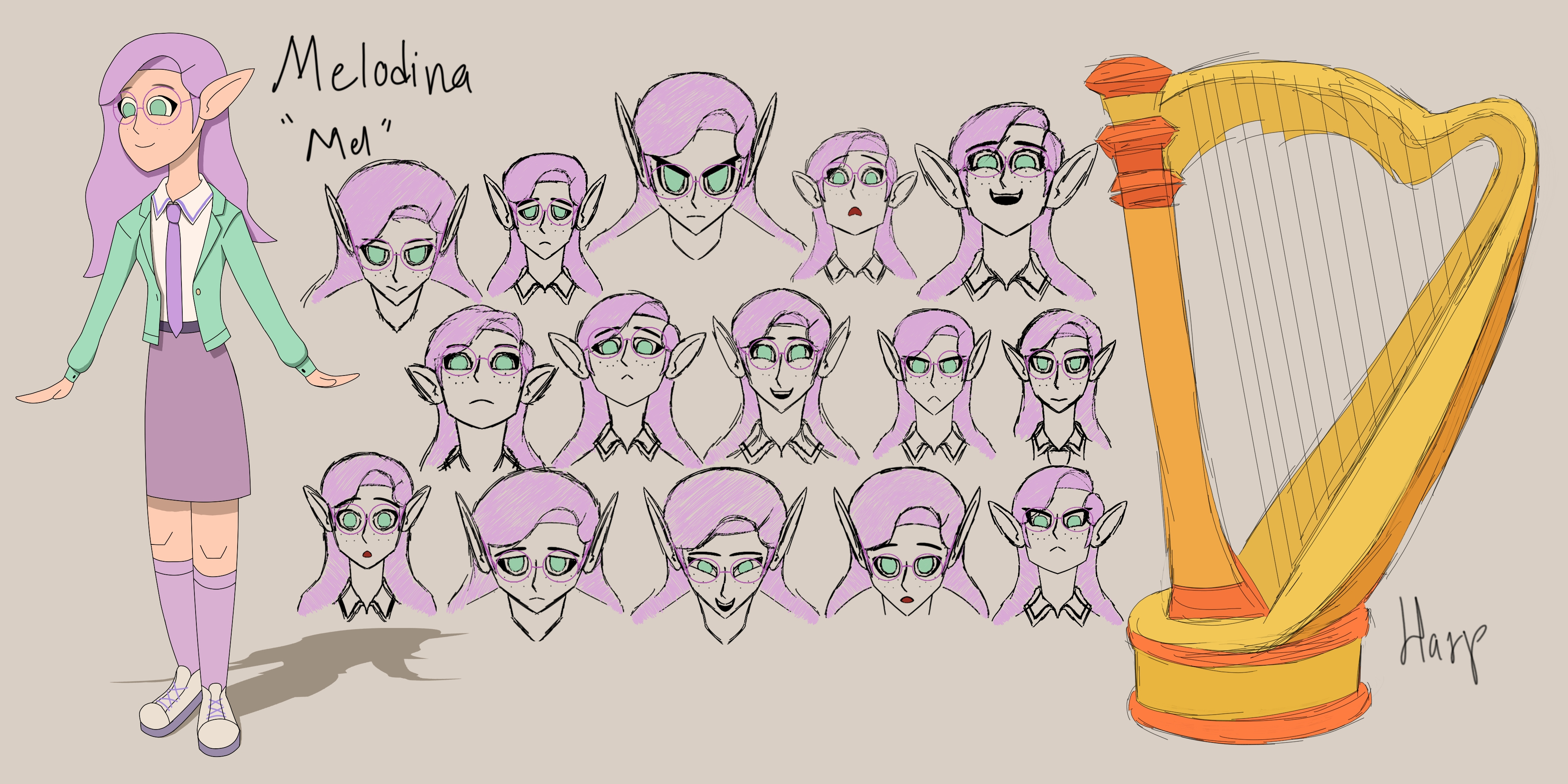Character Design D&D College character "Melodina" art software artwork cartoon cartoon style character design college college girl dd dd character dd character design digital 2d digital drawing dnd5e drawing fantasy krita krita art oc original character sketch
