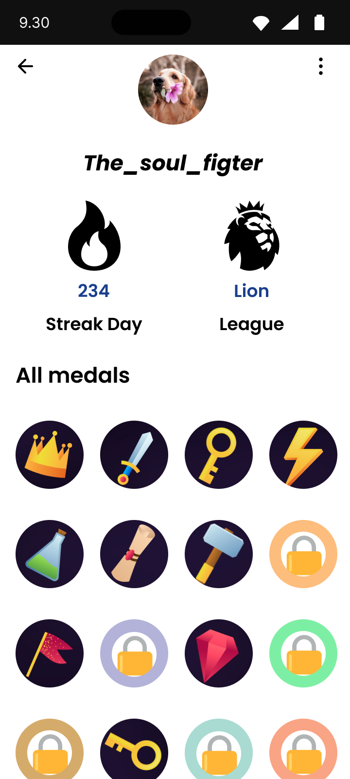 Badges and medals in a gaming phone frame ui