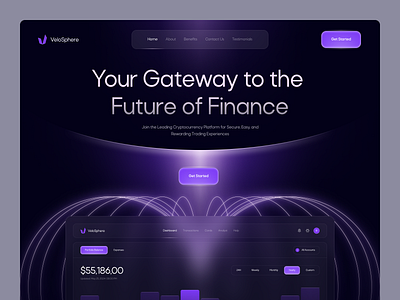 VeloSphere - Cryptocurrency Website Header 3d blockchain crypto cryptocurrency dark dashboard finance glow gradient header landing page nft payment product design trading ui uiux universe web3 website