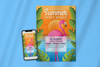 Summer Party Beach Flamingo Poster beach event poster beach party poster brochure flamingo flyer poster social media summer poster sunset tropical poster