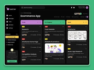 TaskTrek - Project Management Tool branding dark mode dashboard design product design project project dashboard project management software task app task list task management app task management software team app ui user experience user interface ux web web app web design