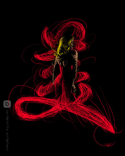 Lady in Red Dress - Scribble Art with Chinese Character "Mei" artistic fusion