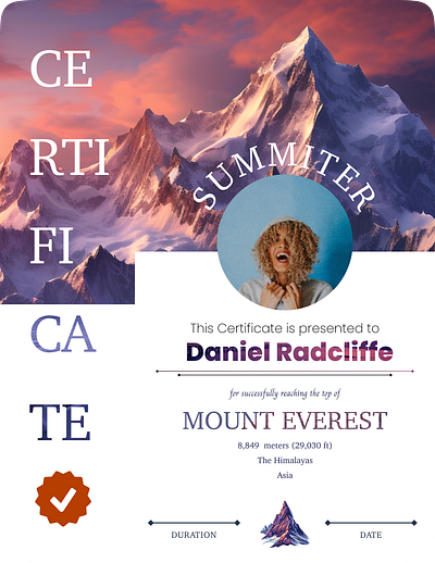 Certificate certificate certificate design certificate temp certificates craxinno craxinnotechnologies design document figma design graphic design mount everest mount everest summit ui uiux