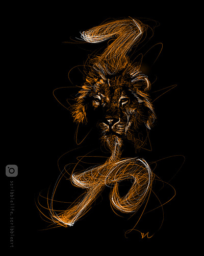 Lion of Courage - Scribble Art with Chinese Character "Yong" artistic fusion