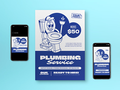 Blue Retro Cartoon Plumbing Service Flyer Set blue cartoon clipart graphicook plumbing service retro service